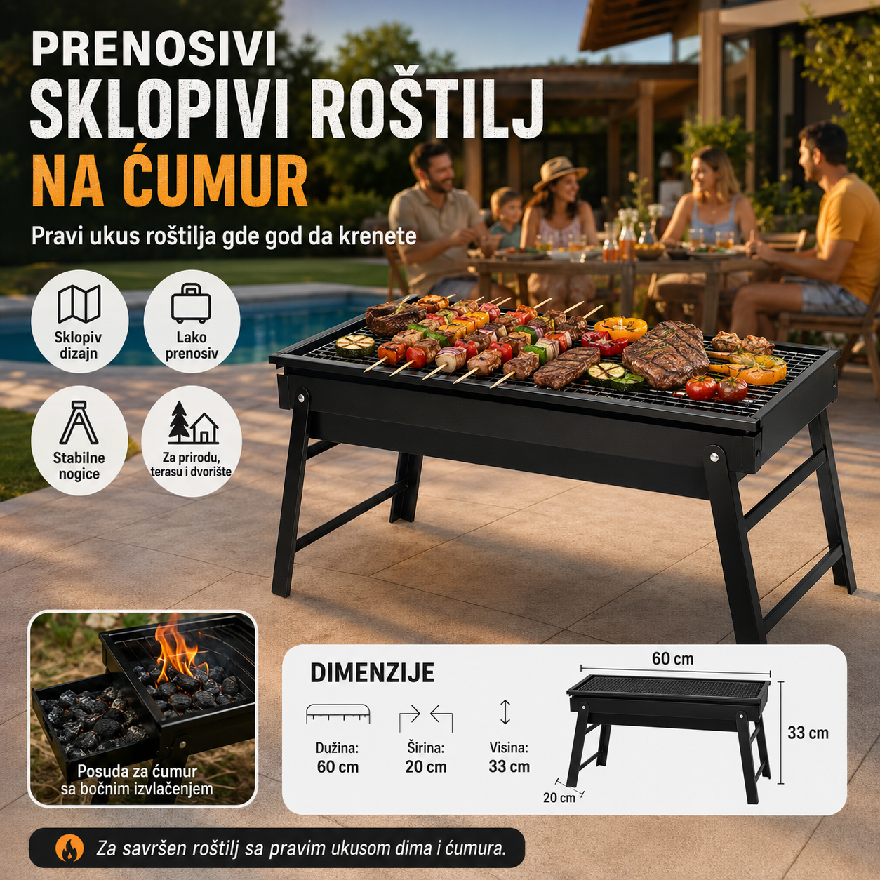 Prenosivi Sklopivi Roštilj na Ćumur