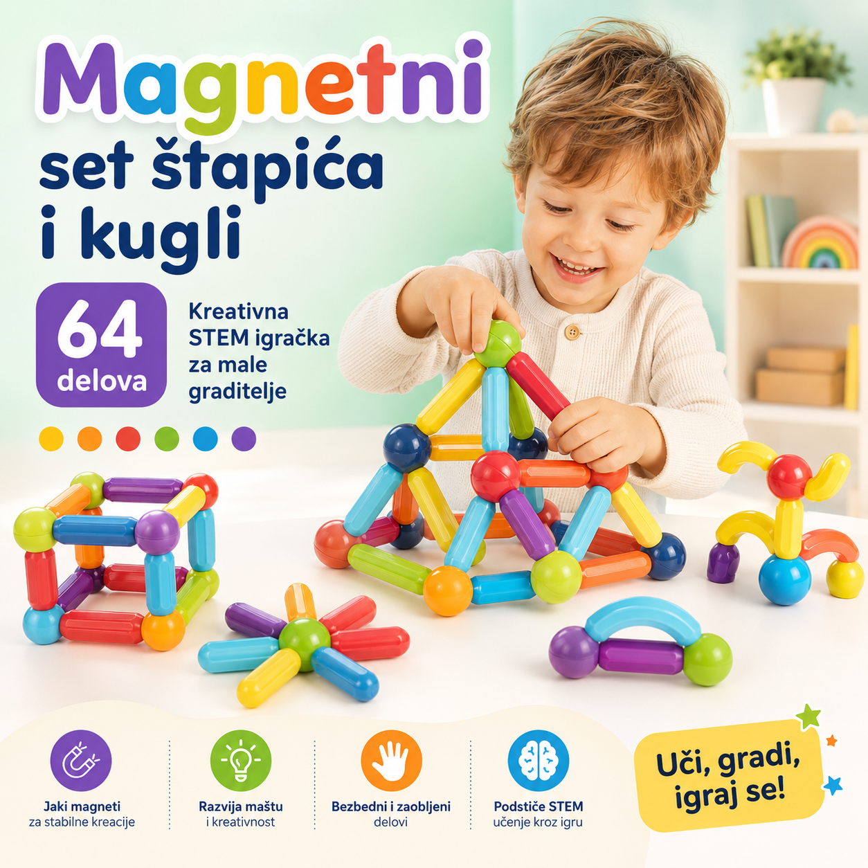 Magnetni Set Štapića i Kugli 64 Delova Magnetne Kocke