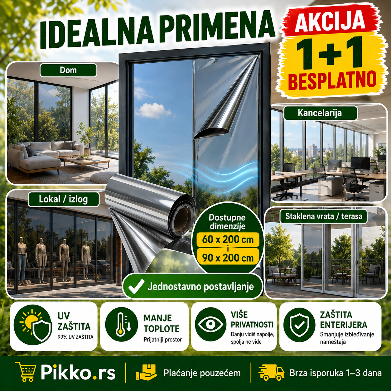 1+1 GRATIS Folije za stakla na prozorima i vratima sa UV zaštitom