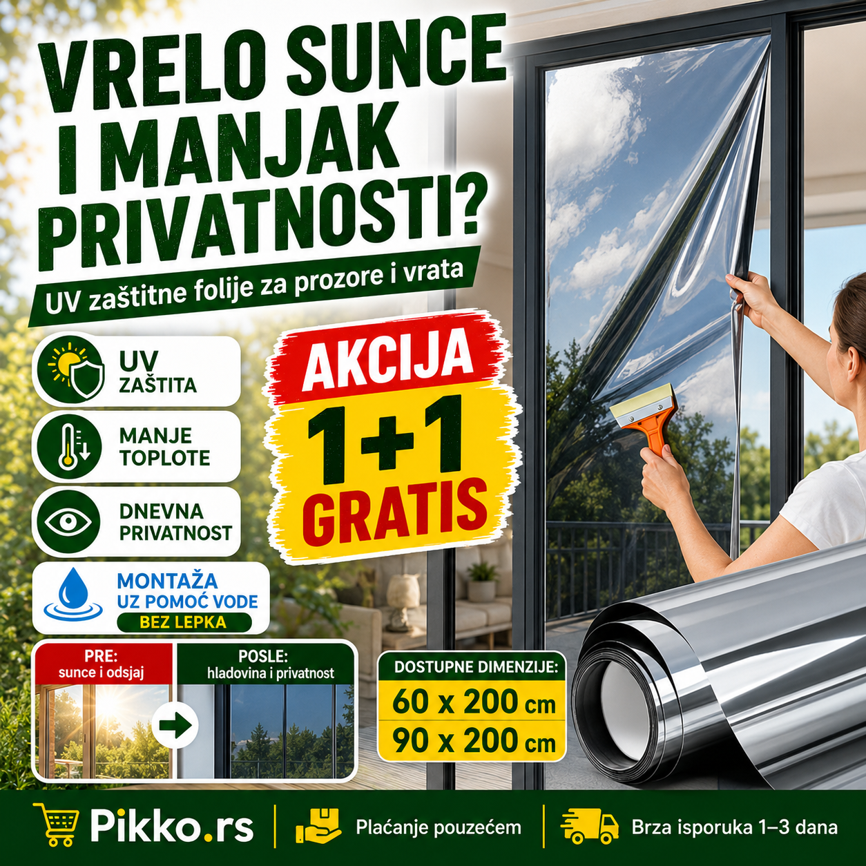 1+1 GRATIS Folije za stakla na prozorima i vratima sa UV zaštitom