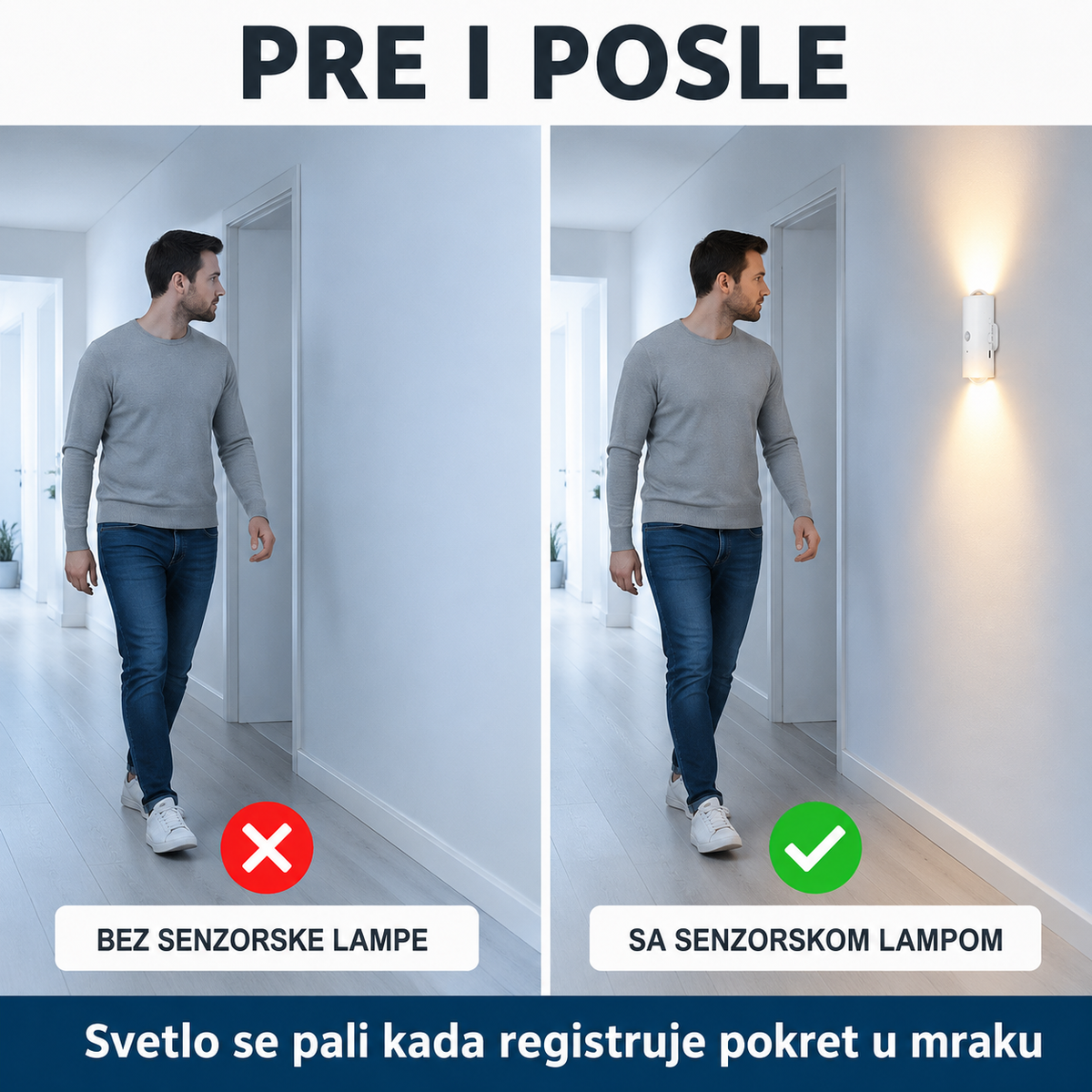 Bežična LED zidna lampa sa senzorom pokreta – set 2 komada