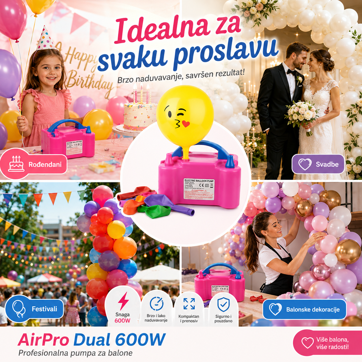Električna Pumpa za Balone 600W sa Dve Mlaznice (Dvostruki Režim Rada)