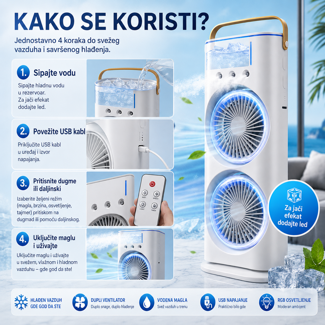 Pametna Mini Klima sa Duplim Ventilatorom i Vodeni Maglom