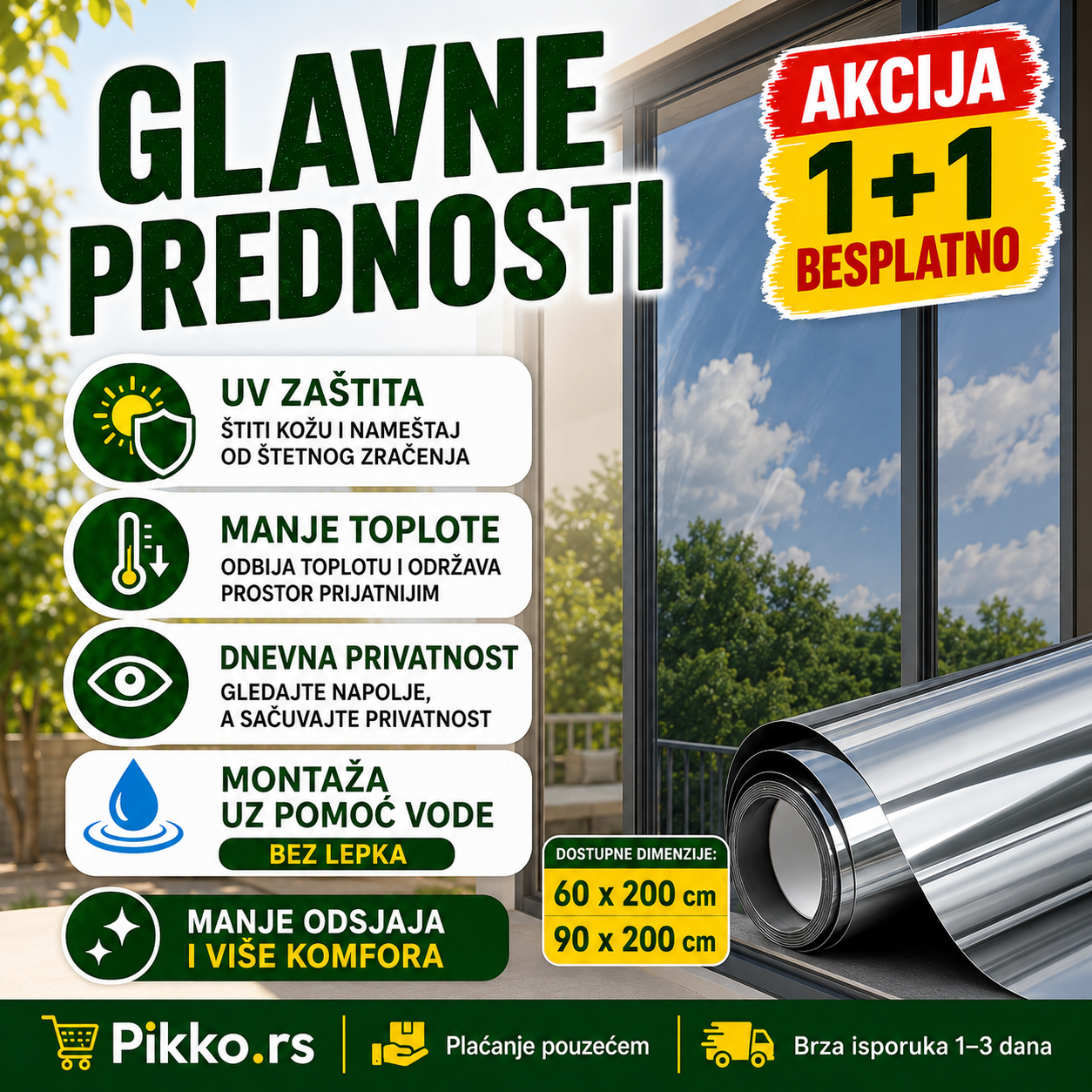 1+1 GRATIS Folije za stakla na prozorima i vratima sa UV zaštitom
