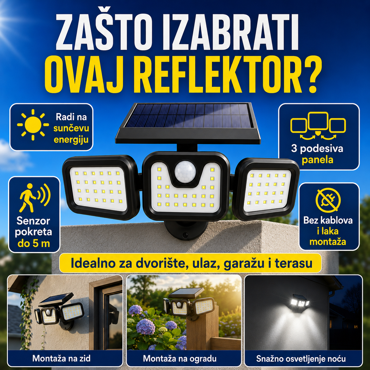 Solarni Reflektor 3-u-1 sa Senzorom Pokreta