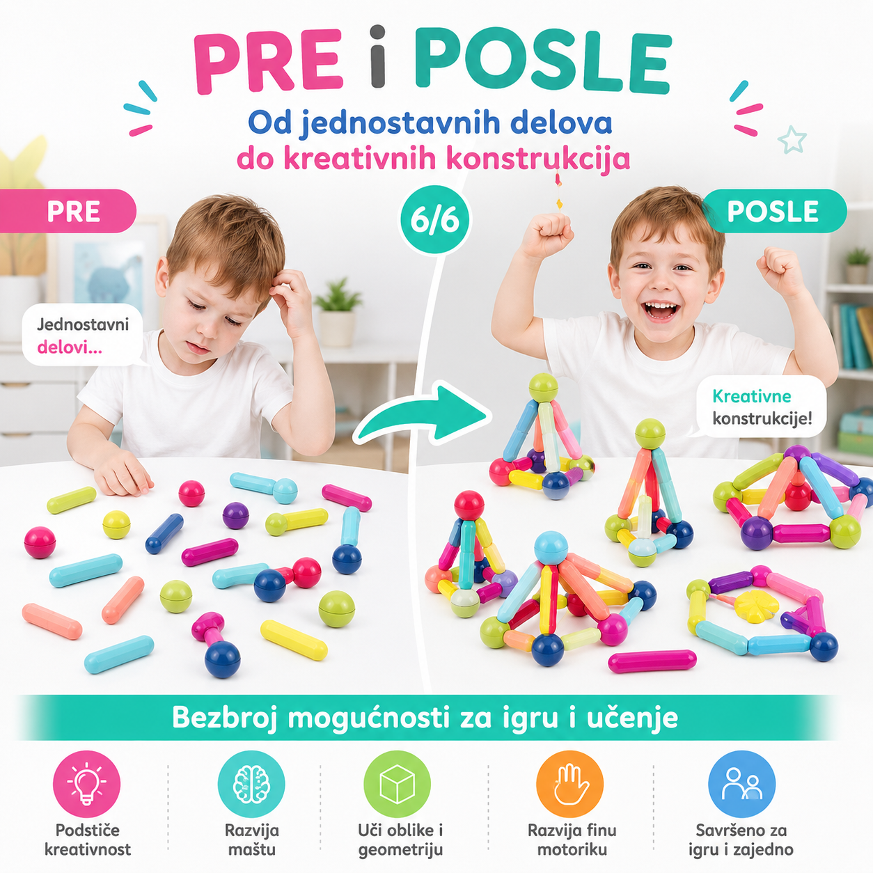 Magnetni Set Štapića i Kugli 64 Delova Magnetne Kocke