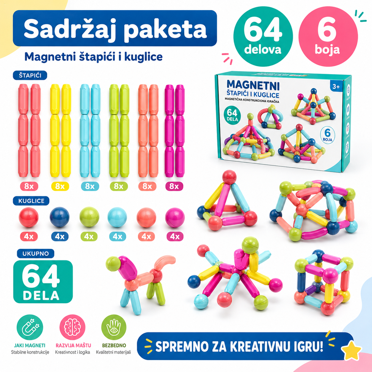 Magnetni Set Štapića i Kugli 64 Delova Magnetne Kocke