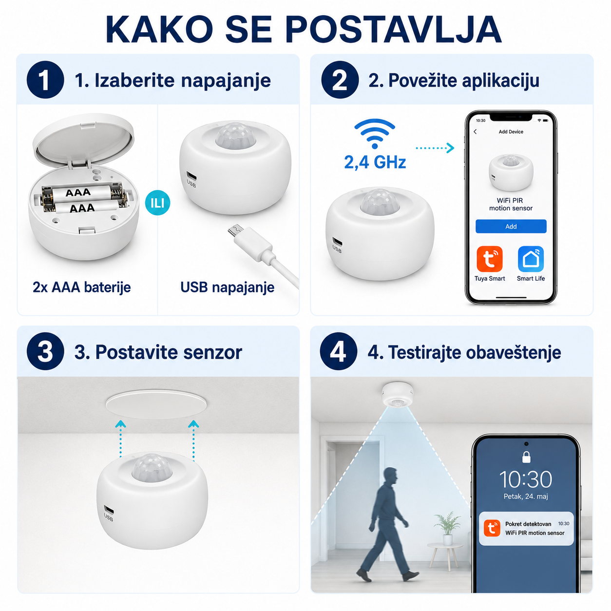 Pametni WI‑FI PIR Senzor Pokreta 360° – OBAVEŠTENJE NA TELEFONU