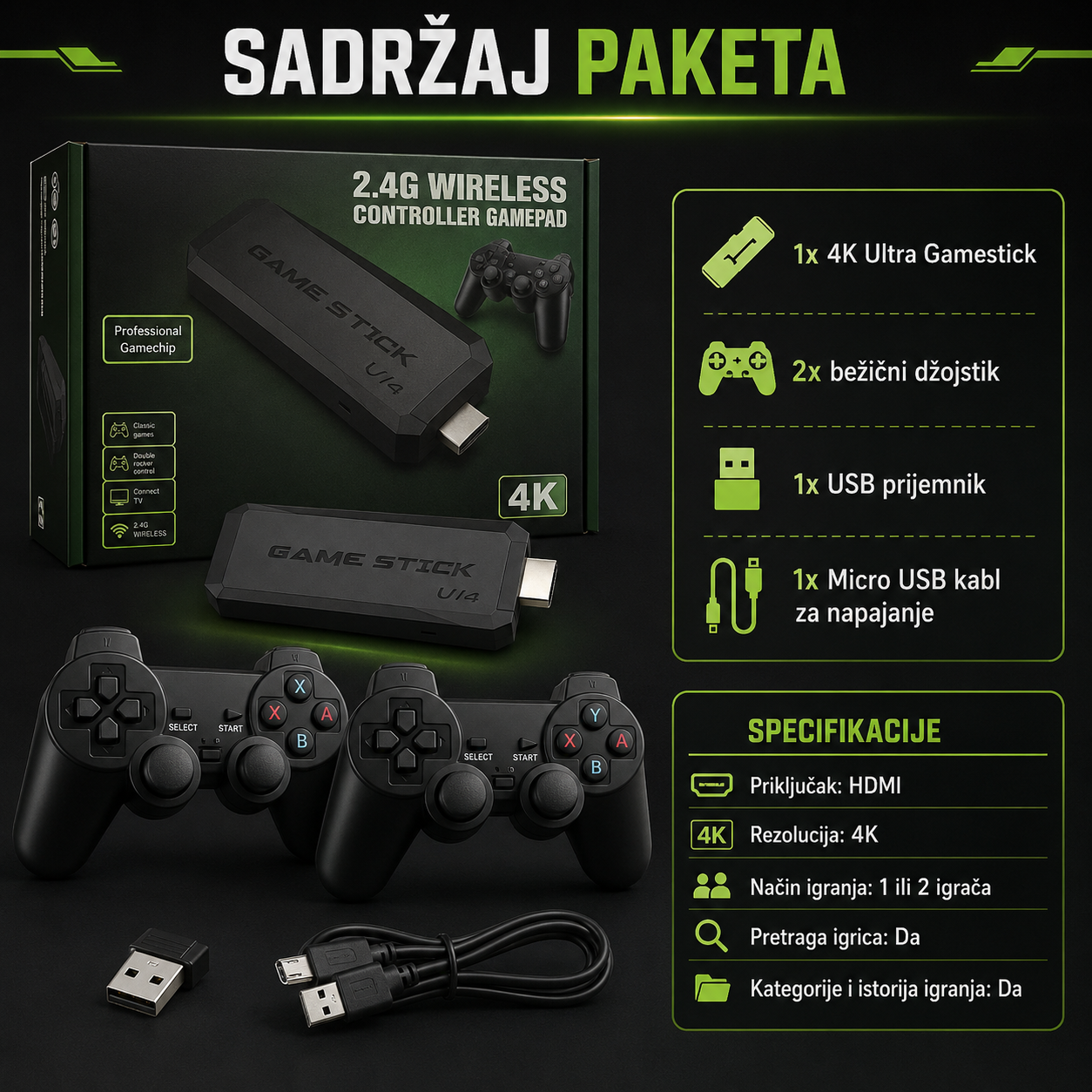 4K Ultra Gamestick Sa 2 Džojstika i 10.000 Igrica