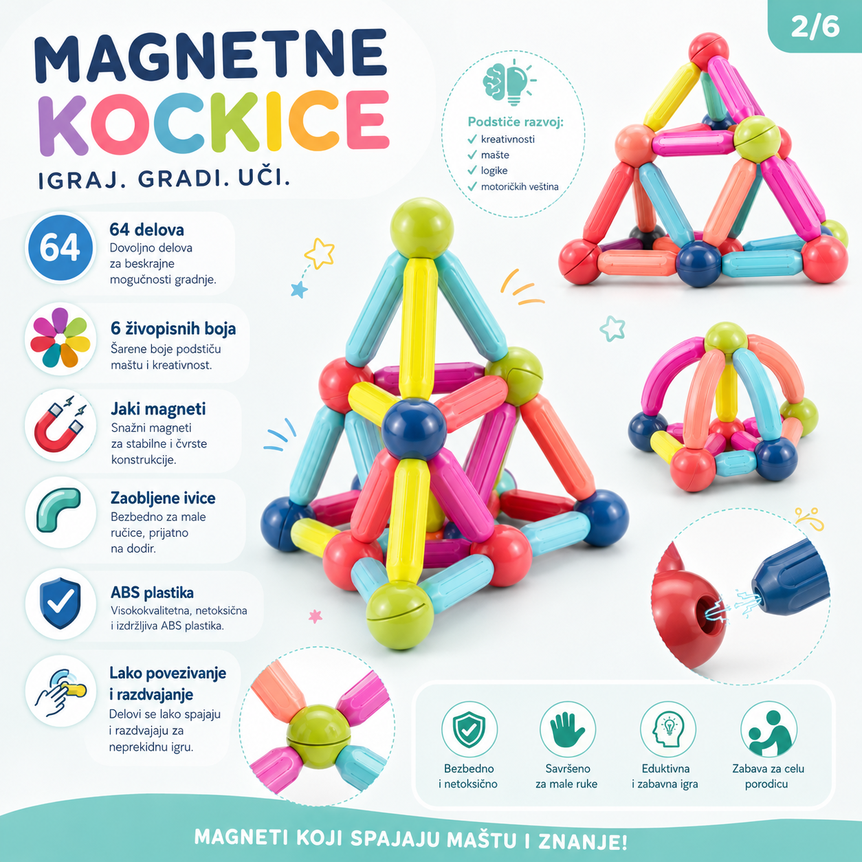 Magnetni Set Štapića i Kugli 64 Delova Magnetne Kocke