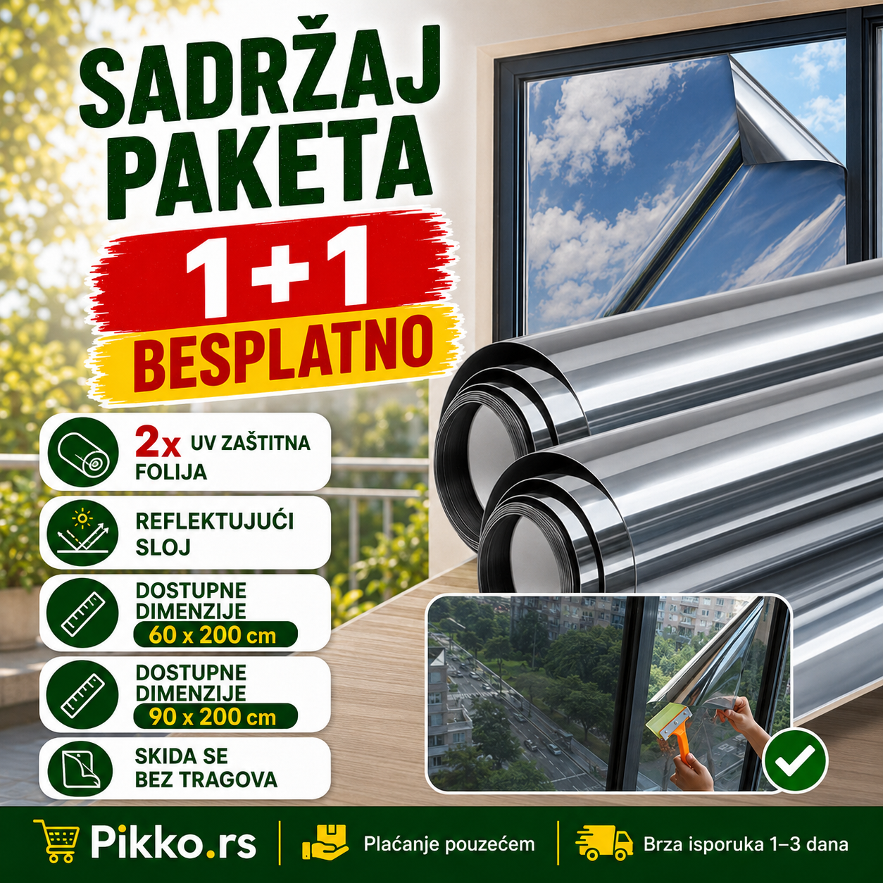 1+1 GRATIS Folije za stakla na prozorima i vratima sa UV zaštitom