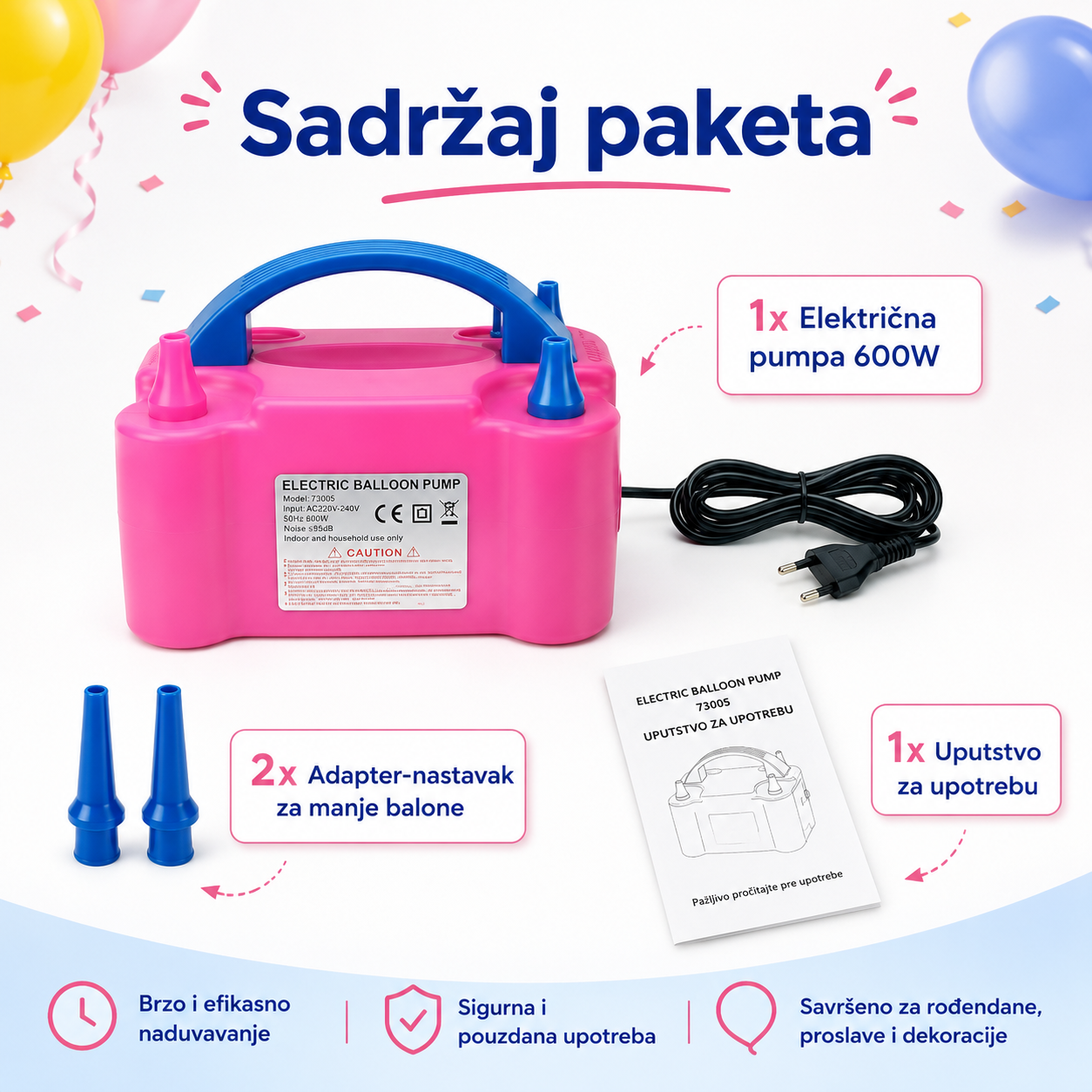 Električna Pumpa za Balone 600W sa Dve Mlaznice (Dvostruki Režim Rada)