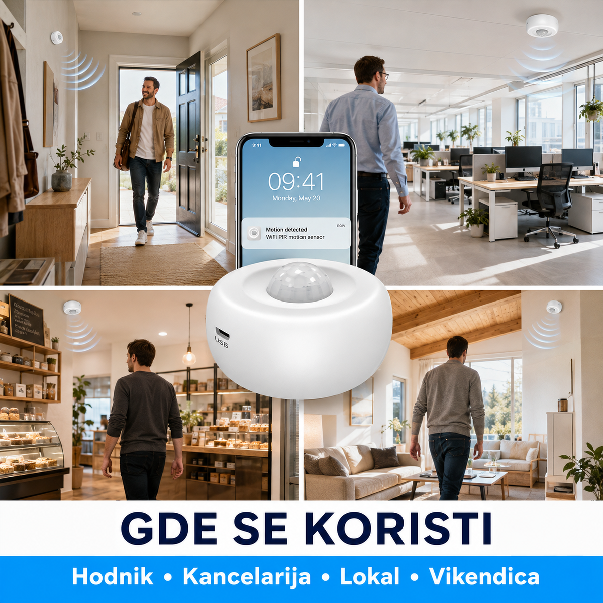 Pametni WI‑FI PIR Senzor Pokreta 360° – OBAVEŠTENJE NA TELEFONU