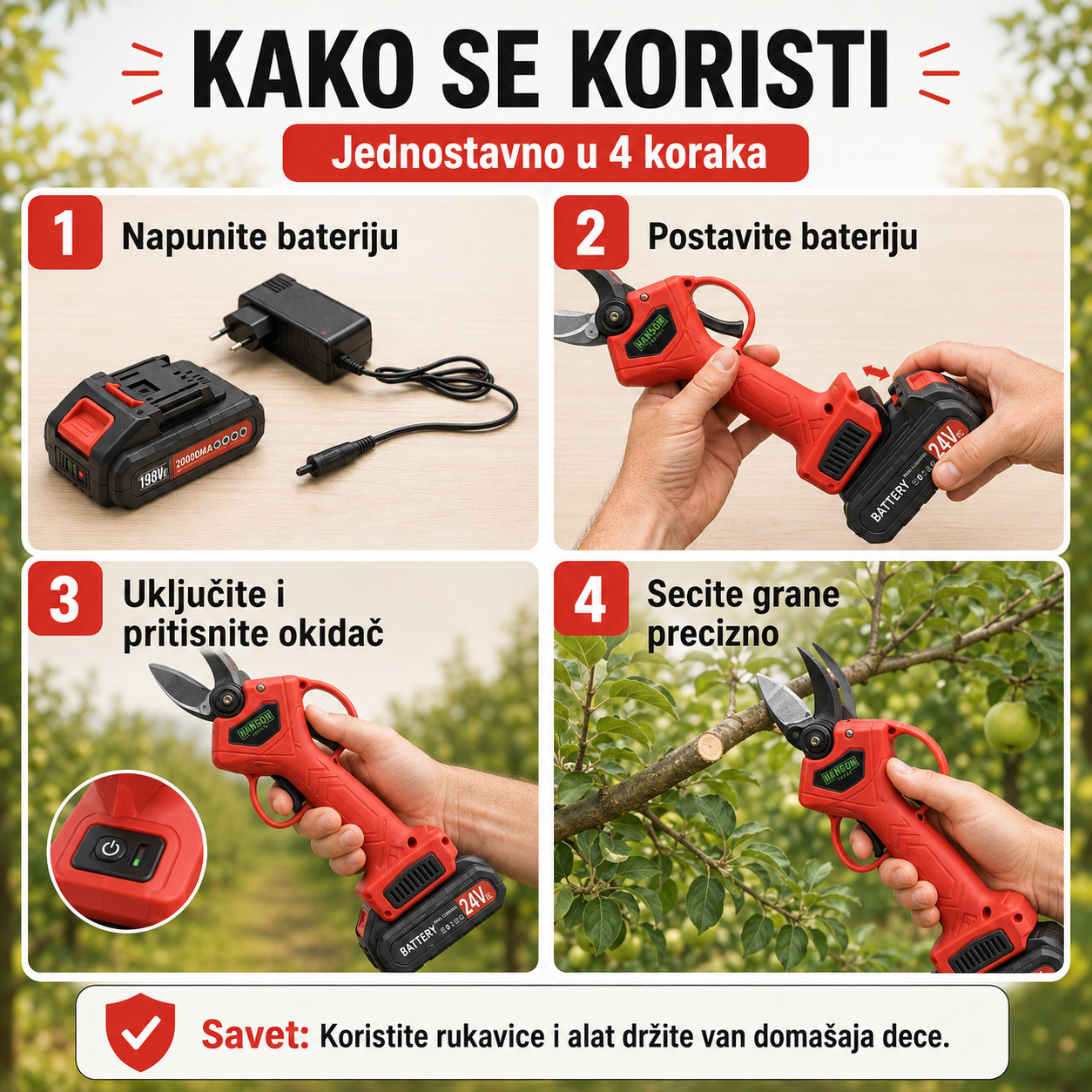 Profesionalne Aku Makaze za Orezivanje Voća sa Dve Baterije