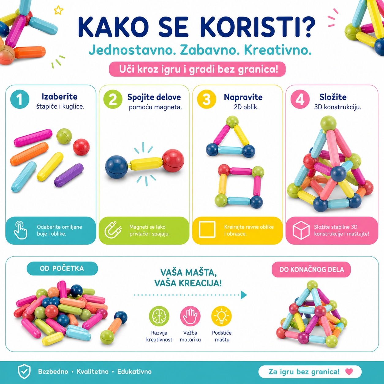 Magnetni Set Štapića i Kugli 64 Delova Magnetne Kocke