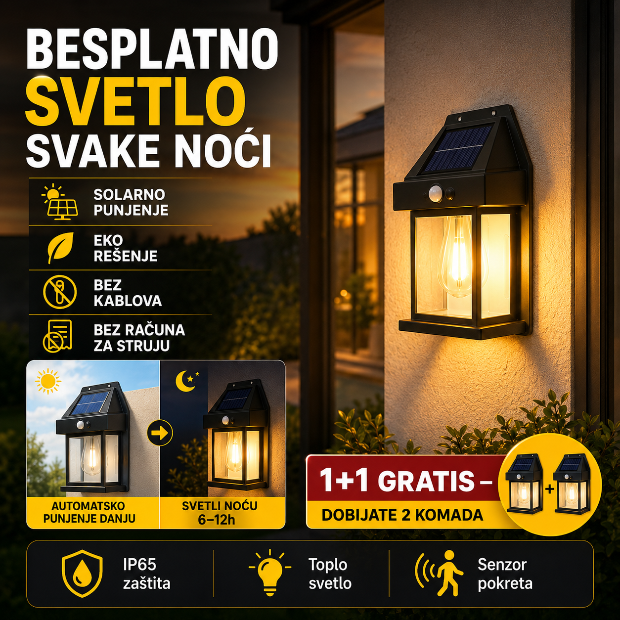Solarna Zidna Lampa Sa senzorom Pokreta ( 1+1 Gratis )