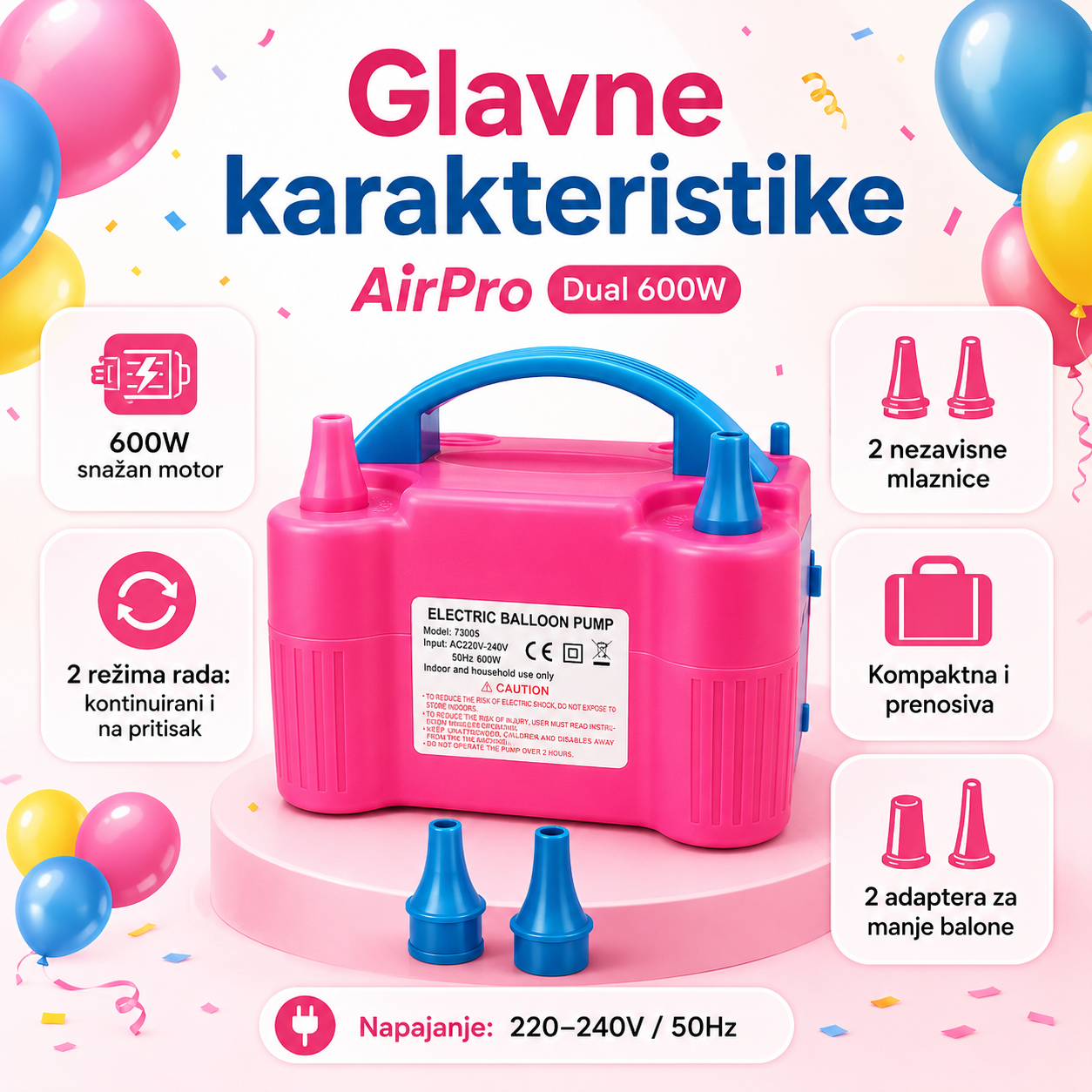 Električna Pumpa za Balone 600W sa Dve Mlaznice (Dvostruki Režim Rada)