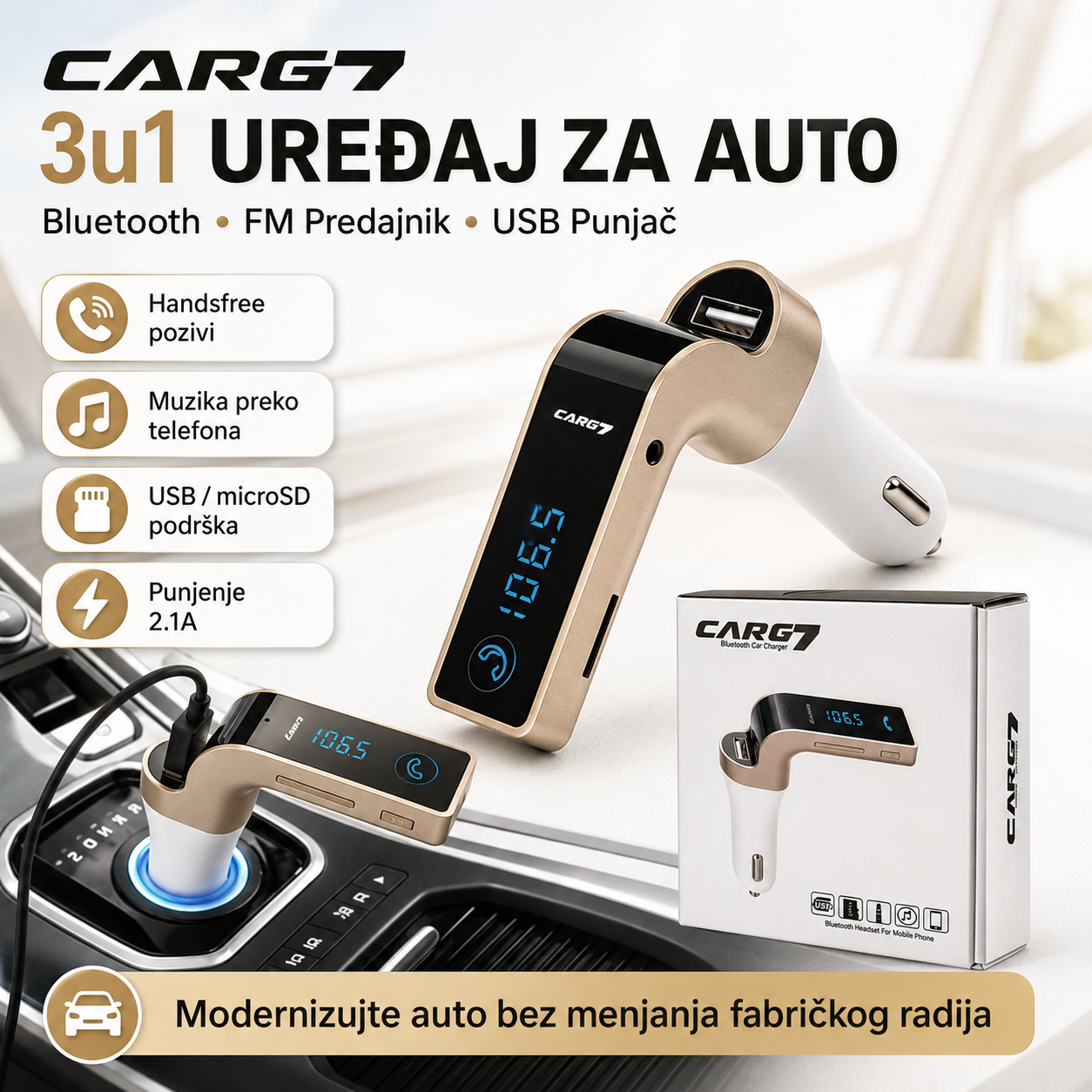 3u1 uređaj - Radio Predajnik, Bluetooth i Punjač za auto