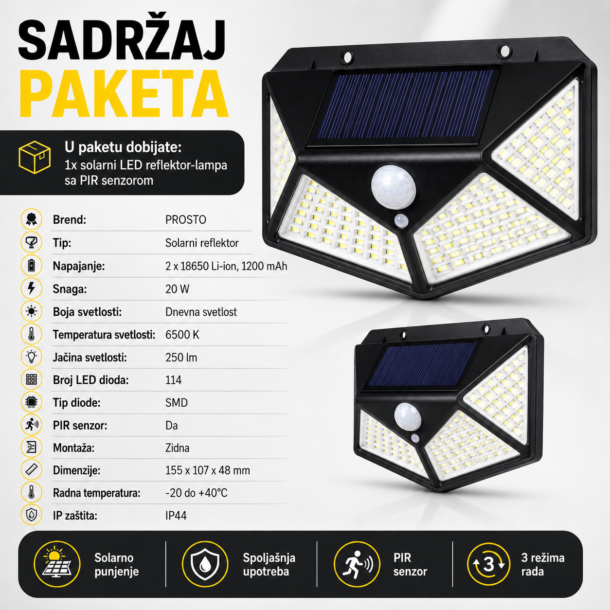 Solarni Led Reflektor - 180 Stepeni