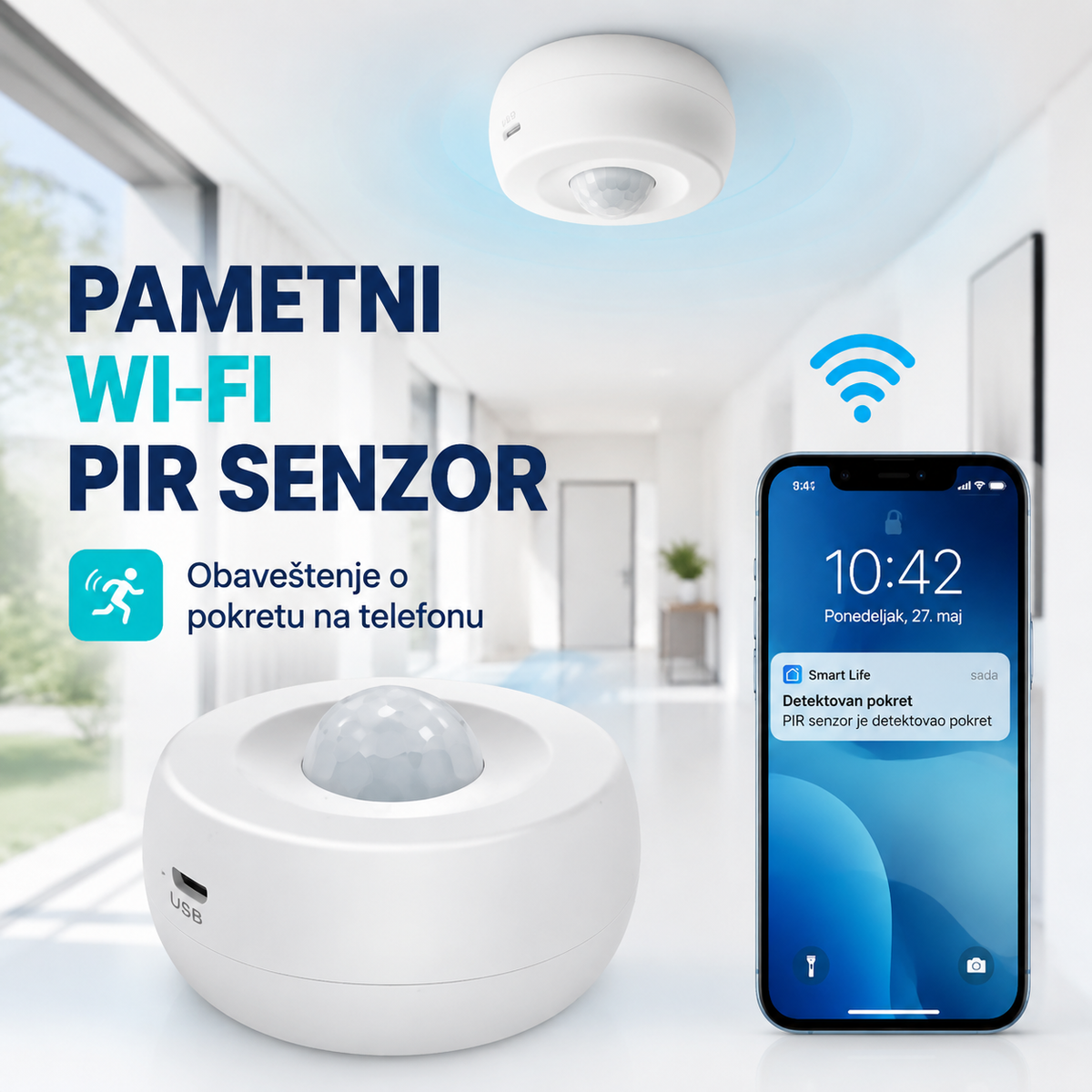 Pametni WI‑FI PIR Senzor Pokreta 360° – OBAVEŠTENJE NA TELEFONU