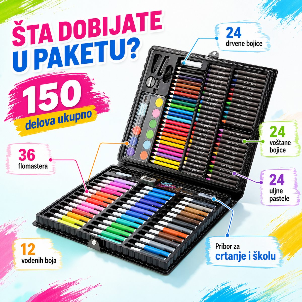 Set za crtanje za decu, kofer sa bojicama i školskim priborom