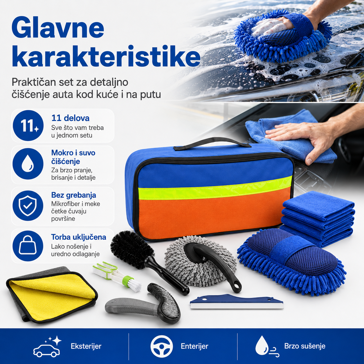 Komplet za čišćenje automobila - Set od 11 delova za pranje auta