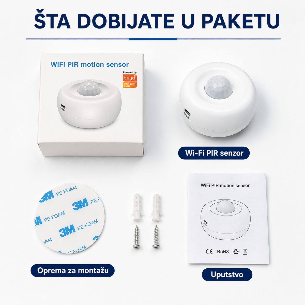 Pametni WI‑FI PIR Senzor Pokreta 360° – OBAVEŠTENJE NA TELEFONU