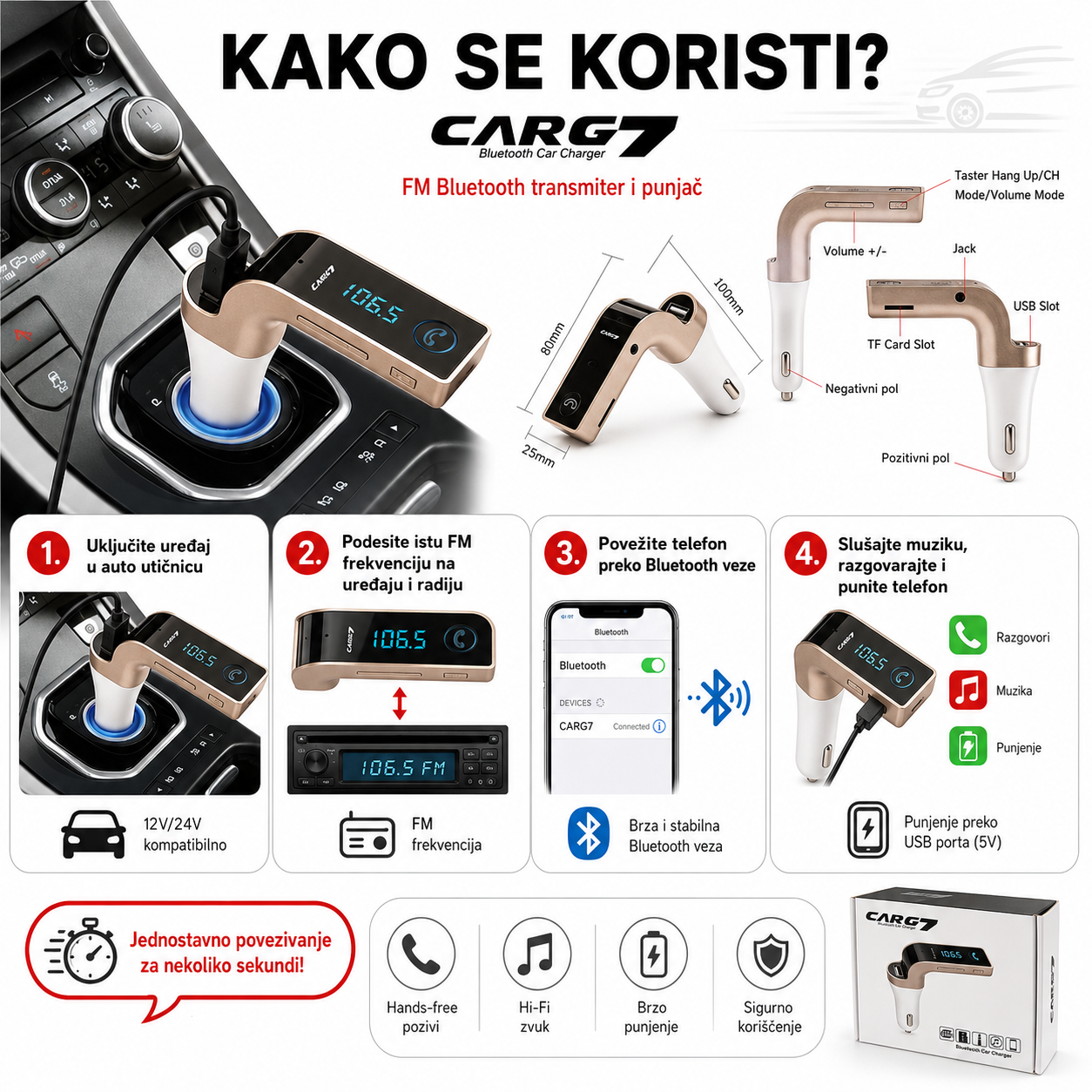 3u1 uređaj - Radio Predajnik, Bluetooth i Punjač za auto