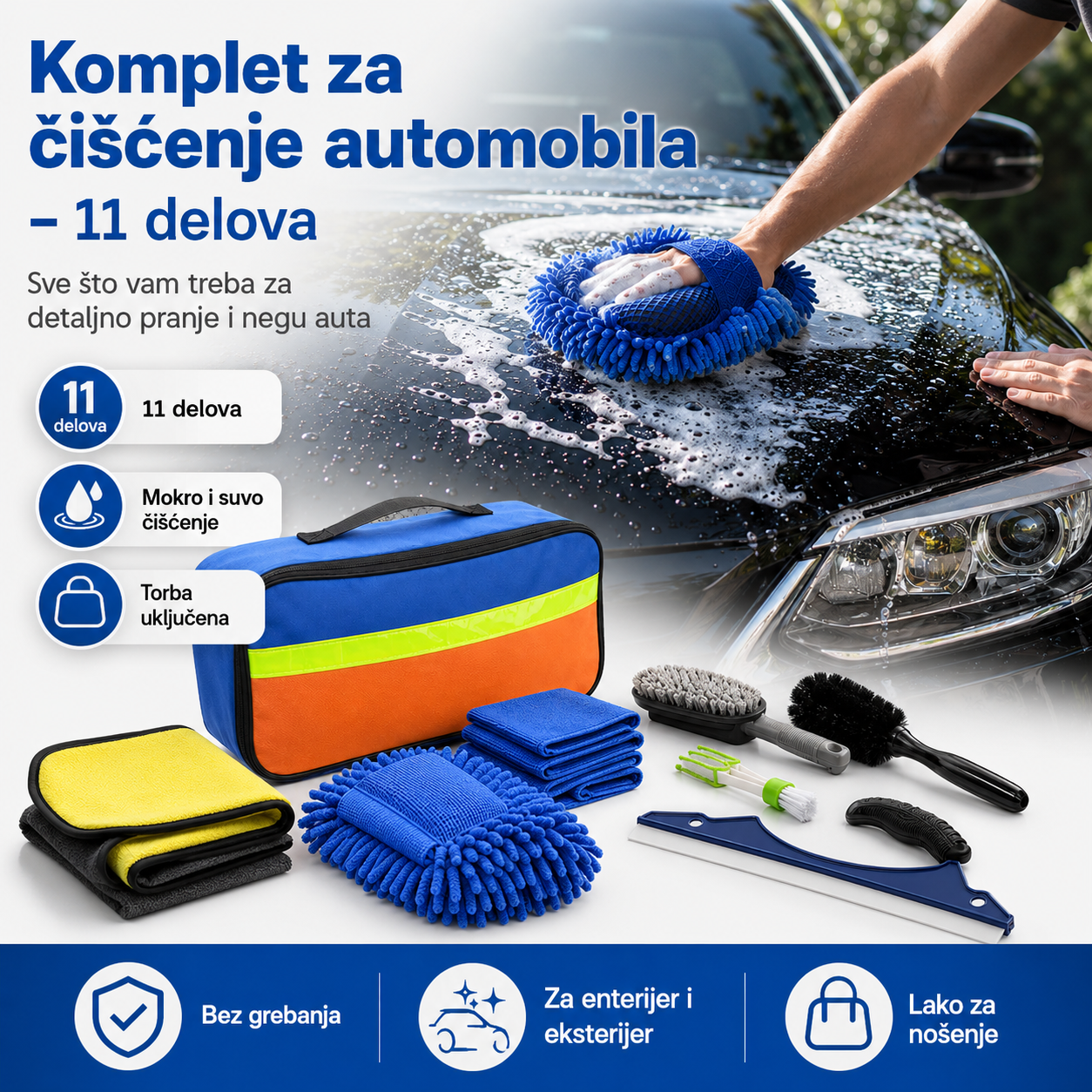 Komplet za čišćenje automobila - Set od 11 delova za pranje auta