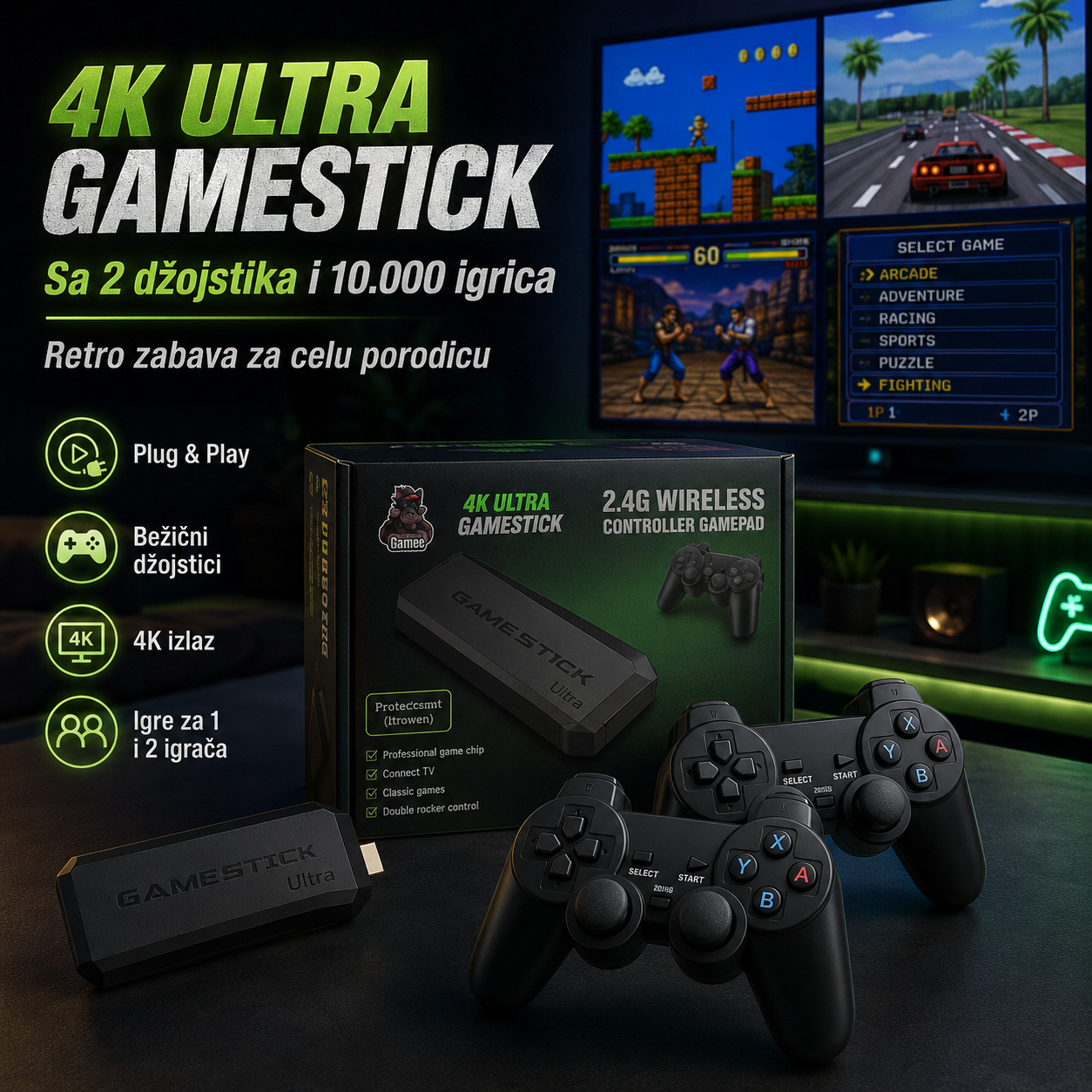 4K Ultra Gamestick Sa 2 Džojstika i 10.000 Igrica