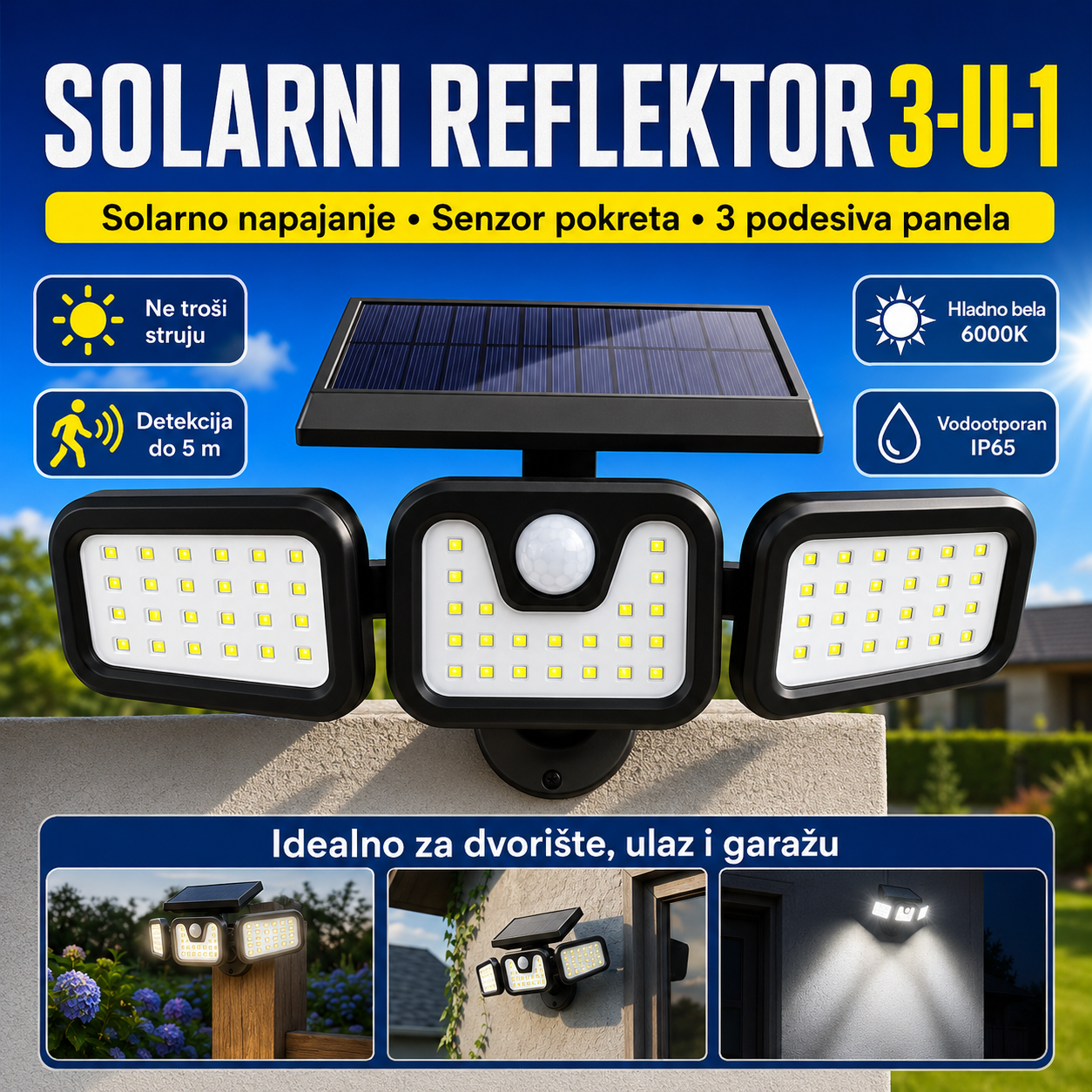 Solarni Reflektor 3-u-1 sa Senzorom Pokreta