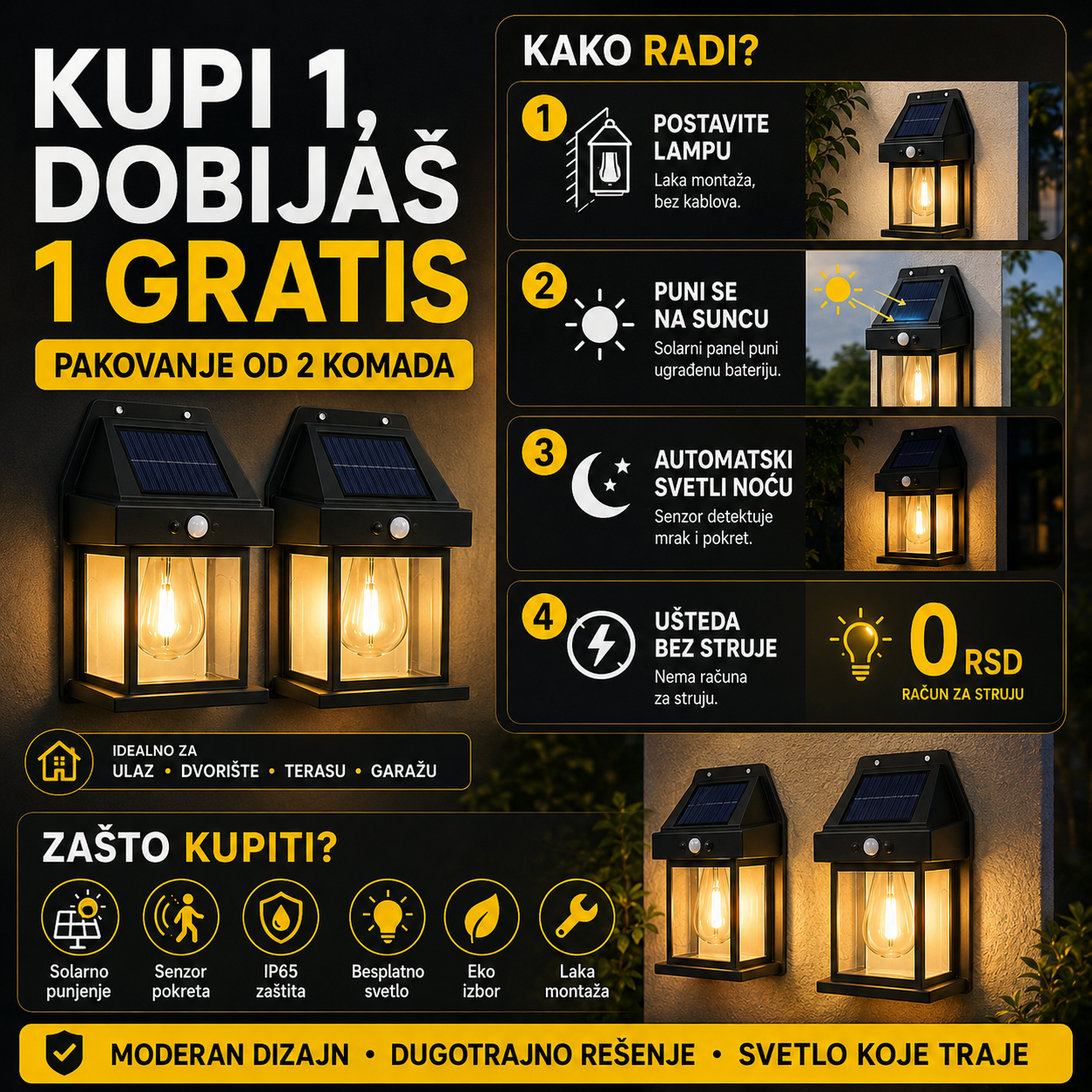 Solarna Zidna Lampa Sa senzorom Pokreta ( 1+1 Gratis )