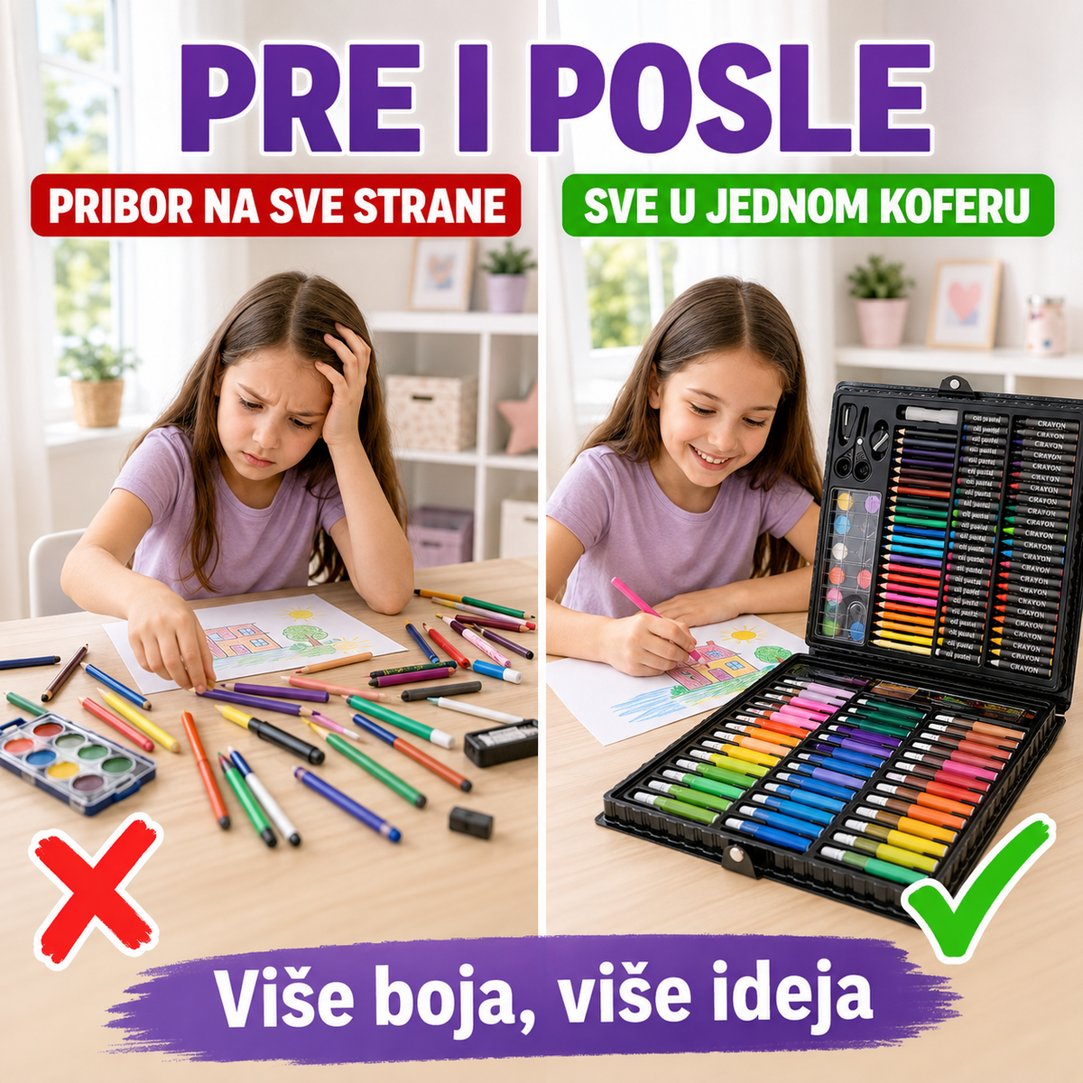 Set za crtanje za decu, kofer sa bojicama i školskim priborom