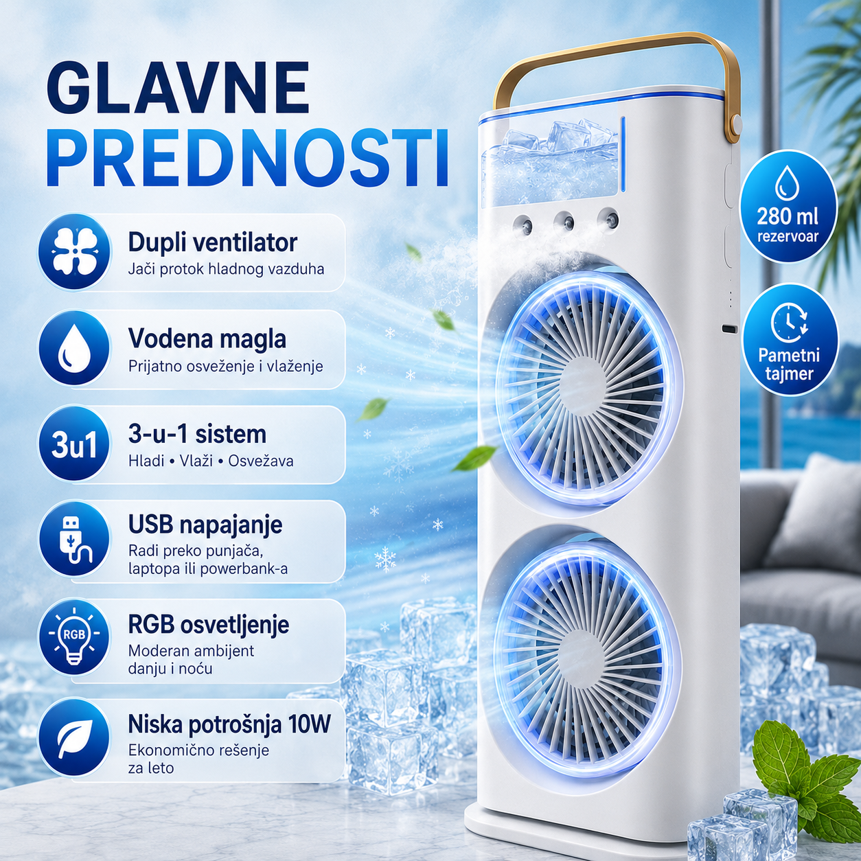 Pametna Mini Klima sa Duplim Ventilatorom i Vodeni Maglom