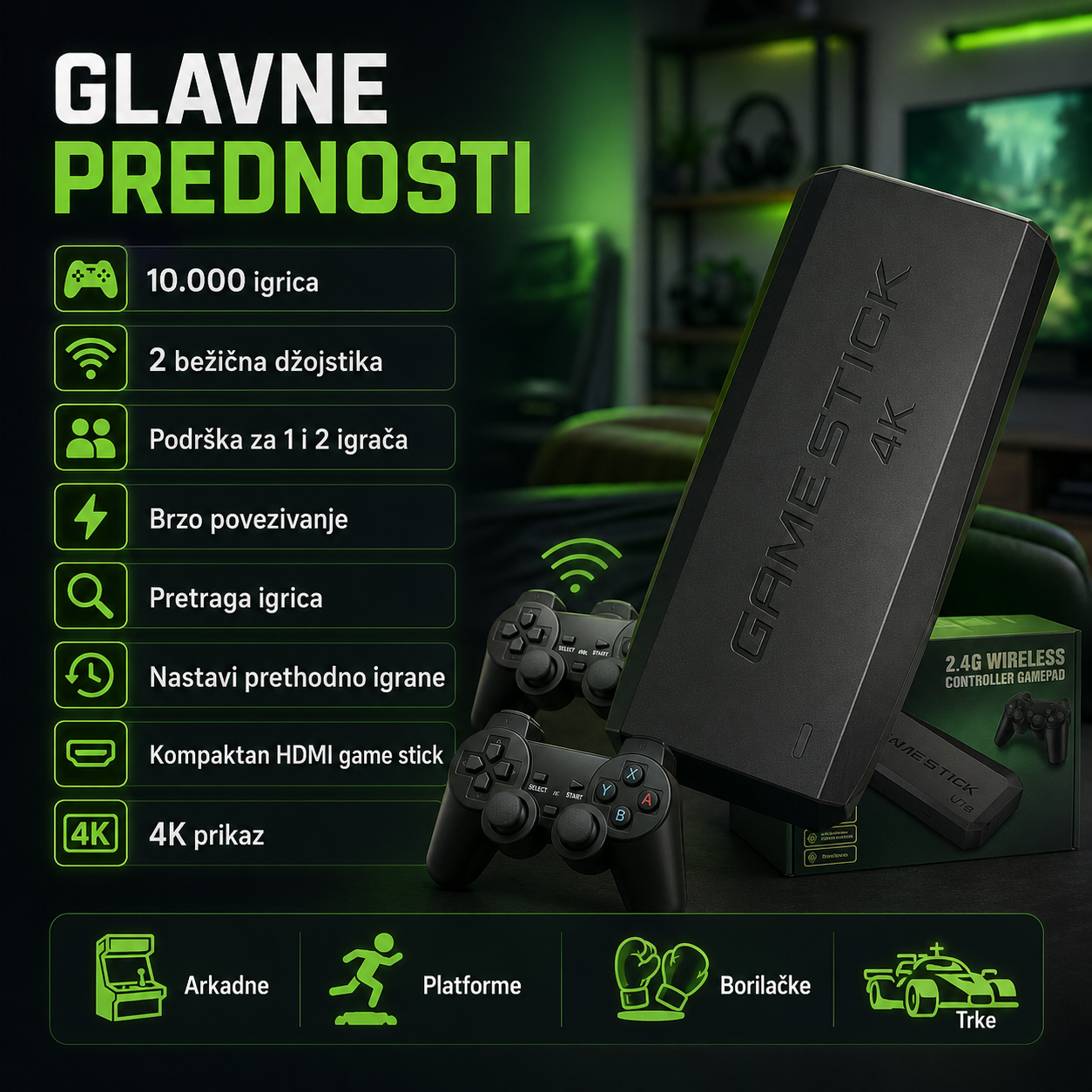 4K Ultra Gamestick Sa 2 Džojstika i 10.000 Igrica