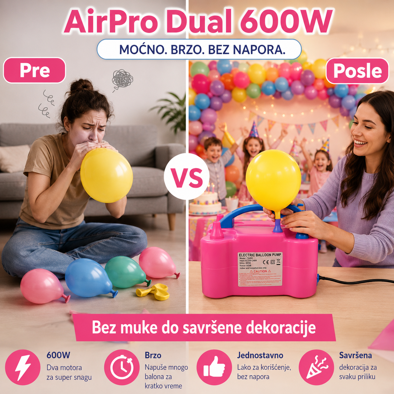 Električna Pumpa za Balone 600W sa Dve Mlaznice (Dvostruki Režim Rada)