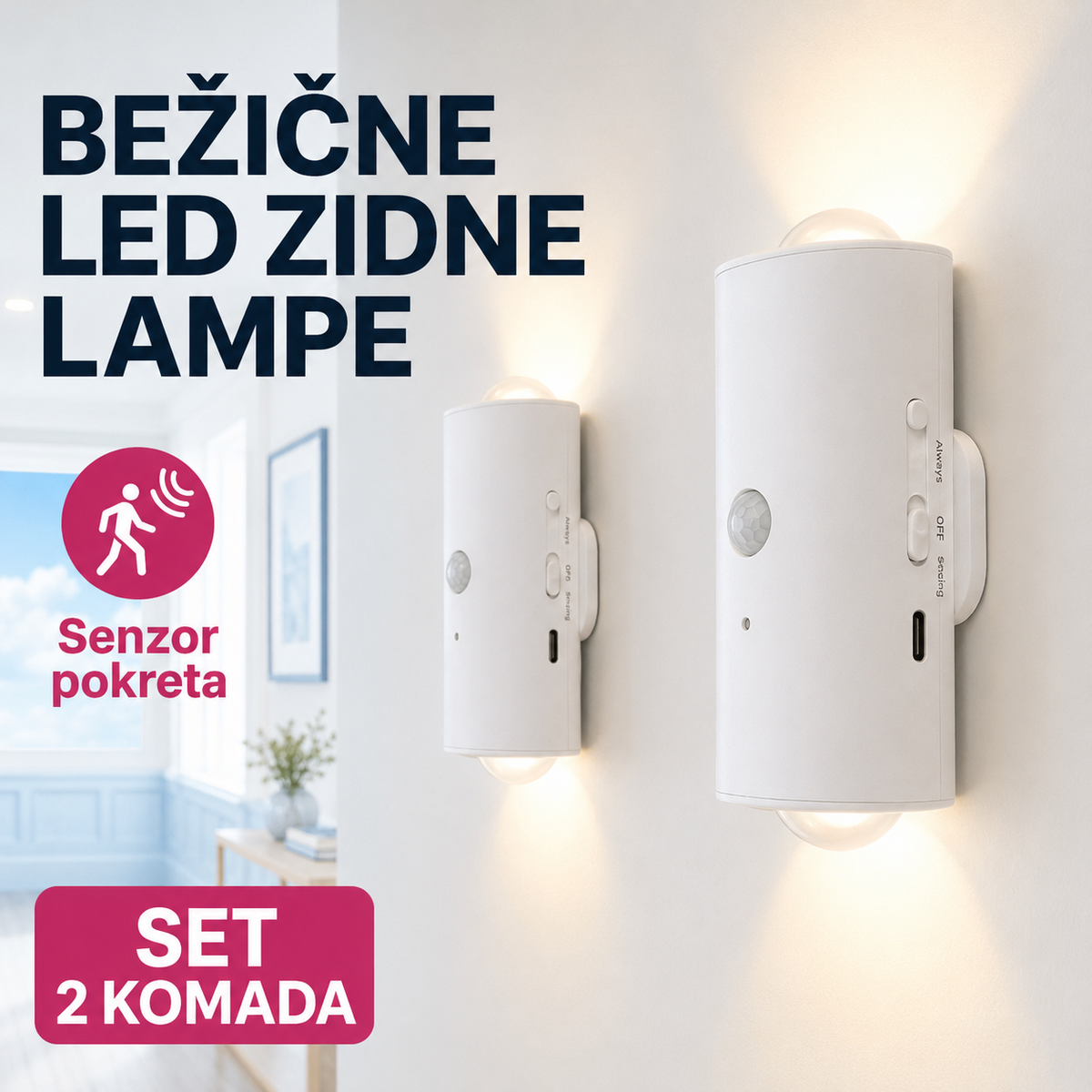 Bežična LED zidna lampa sa senzorom pokreta – set 2 komada