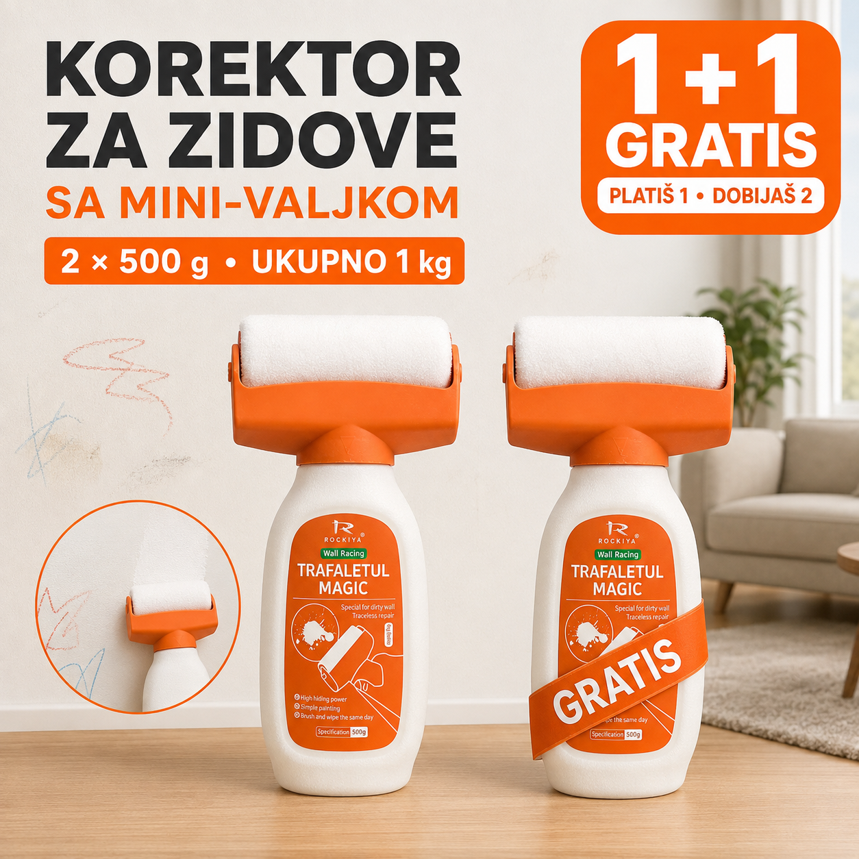 Korektor Za Zidove 2u1 Sa Valjkom 500g + 500g GRATIS