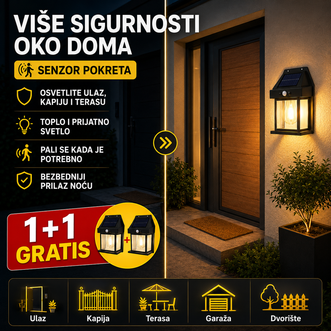 Solarna Zidna Lampa Sa senzorom Pokreta ( 1+1 Gratis )