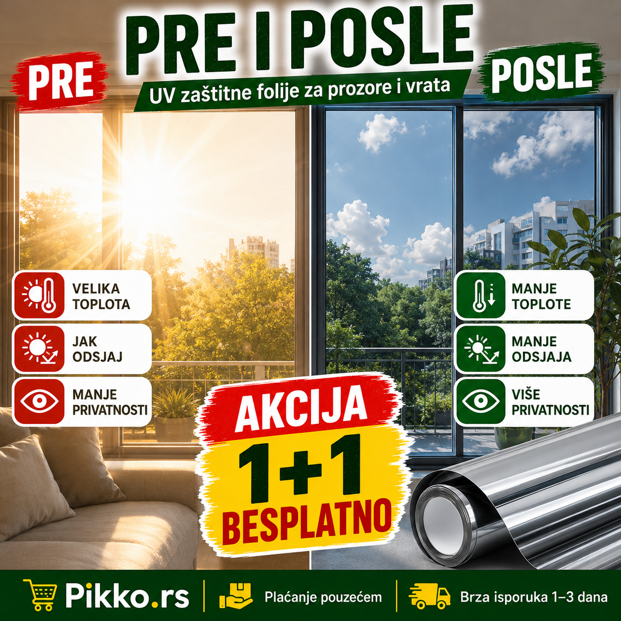1+1 GRATIS Folije za stakla na prozorima i vratima sa UV zaštitom